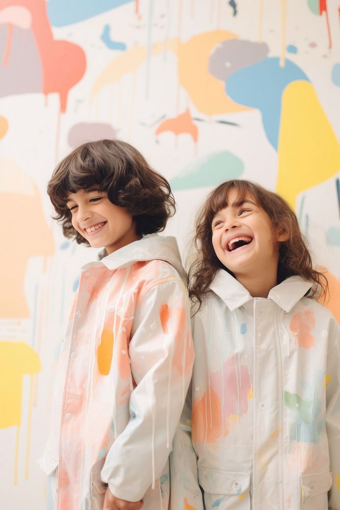 Girl and boy in pastel raincoat laughing child mural. AI generated Image by rawpixel.
