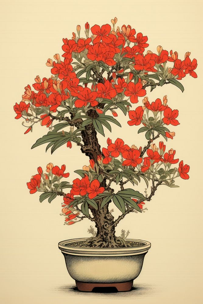 An isolated azalea bonzai pot flower bonsai plant. AI generated Image by rawpixel.