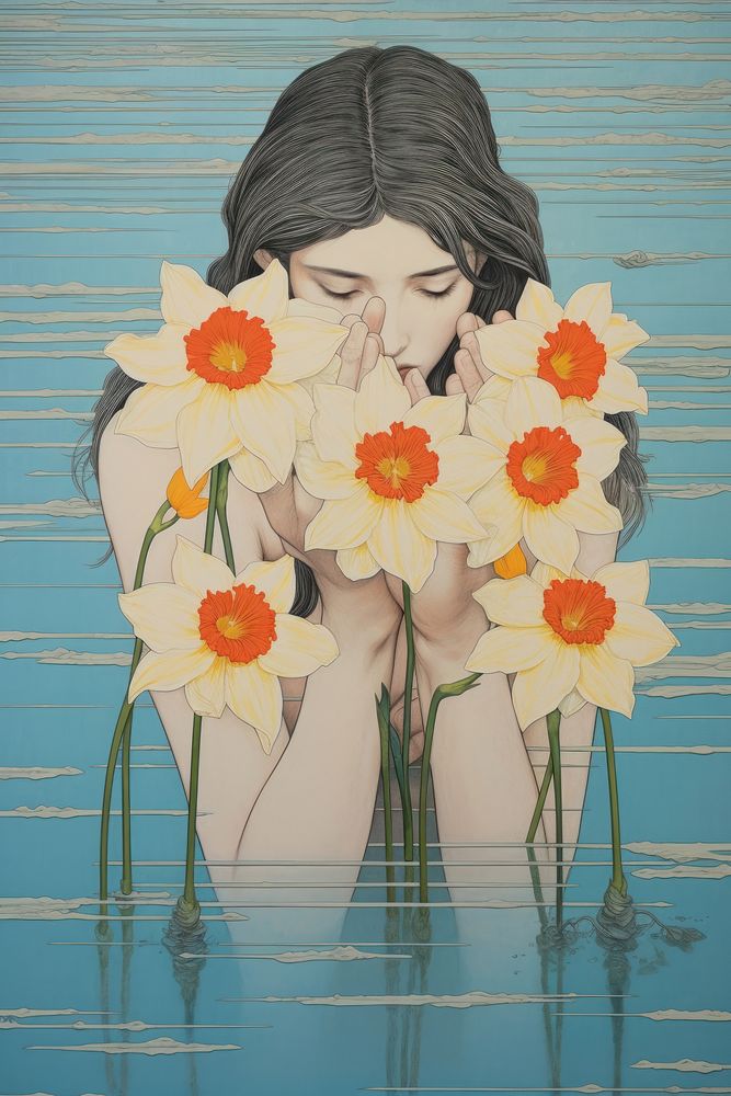 An isolated hand hold narcissus flower art painting. 