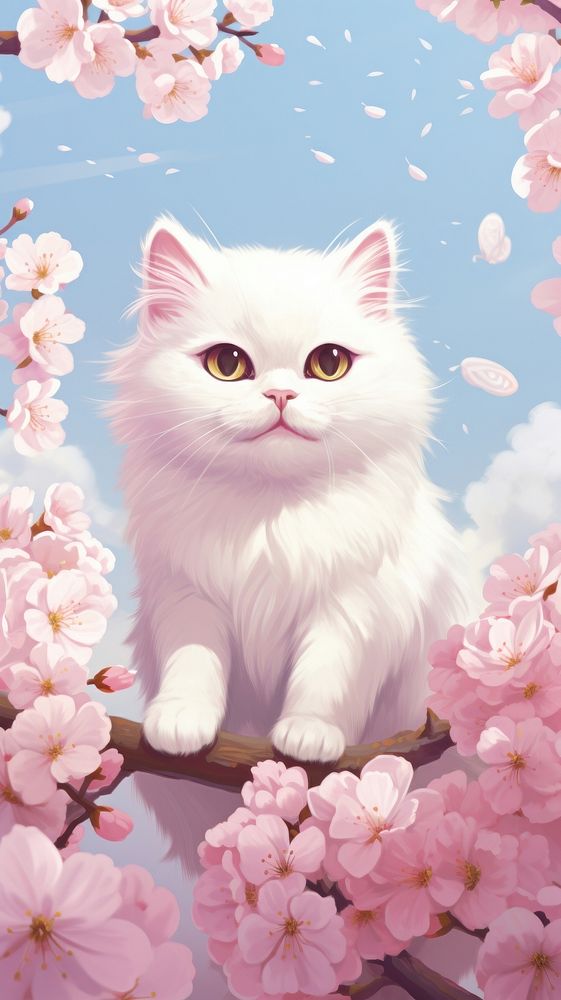Cute cat wallpaper outdoors blossom animal. AI generated Image by rawpixel.