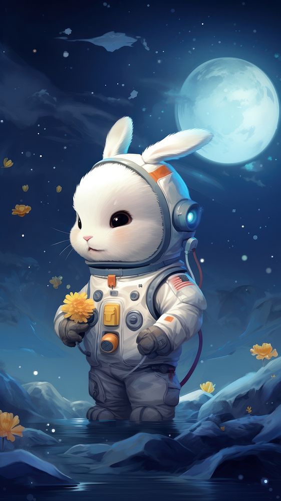 Cute astronaut with rabbit wallpaper cartoon night moon. AI generated Image by rawpixel.