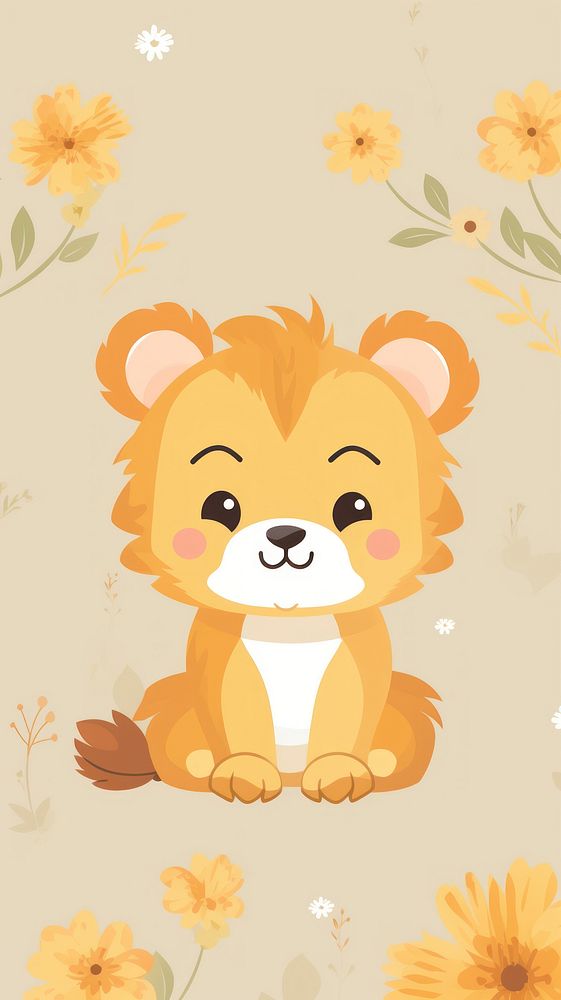 Cute lion cub pattern wallpaper cartoon flower animal. AI generated Image by rawpixel.