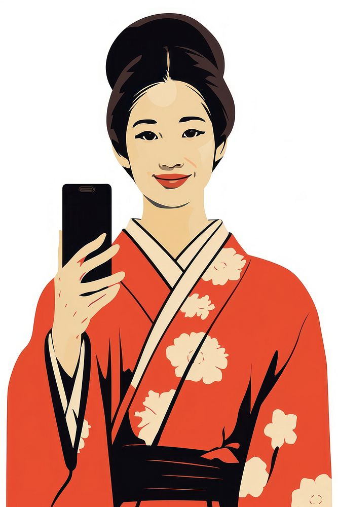 Isolated 1740s smiling woman in kimono selfie cartoon adult robe. AI generated Image by rawpixel.