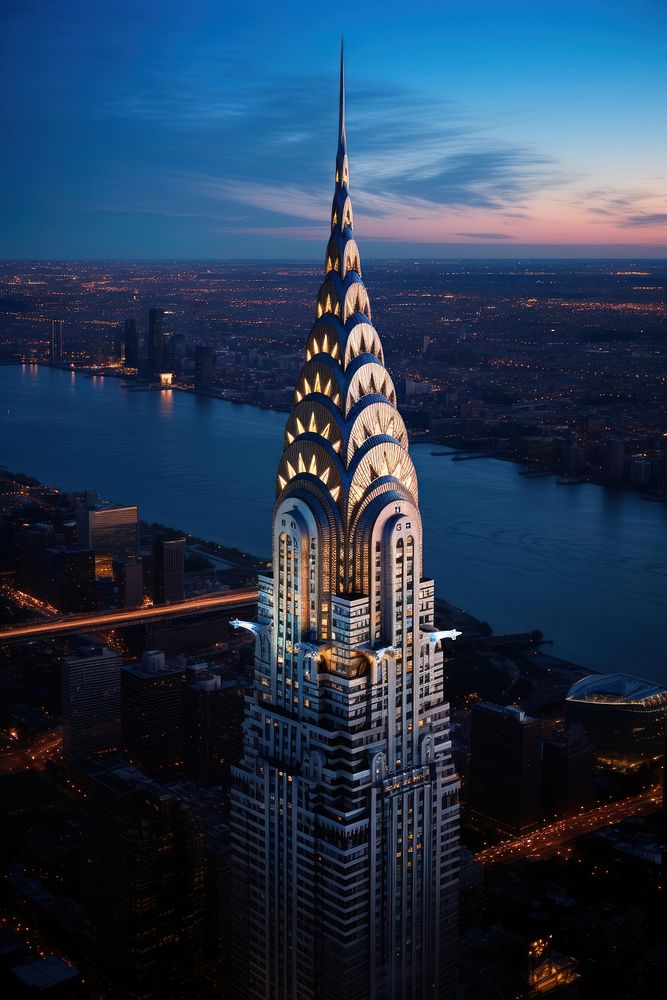 The top of the Chrysler Building building architecture landmark. AI generated Image by rawpixel.