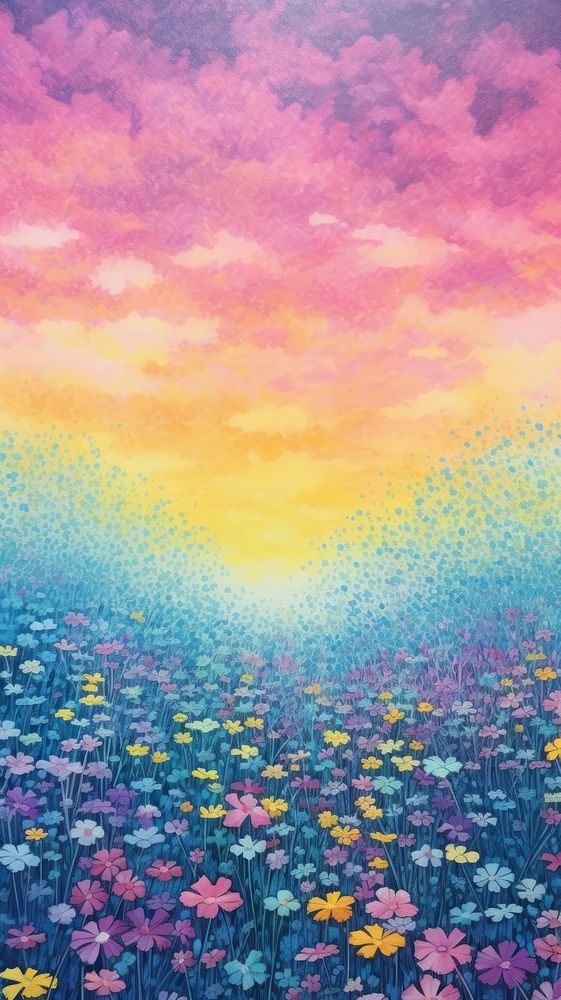 Spring field of flowers landscapes backgrounds painting outdoors. AI generated Image by rawpixel.