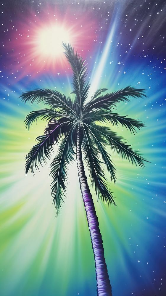 Paradise coconut tree pale sky dreamyl of galaxy outdoors nature plant. AI generated Image by rawpixel.