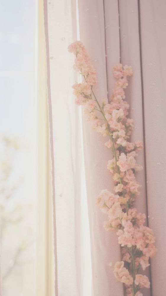 FA curtain rod with flowers in front of the fluttering curtain blossom window plant. AI generated Image by rawpixel.