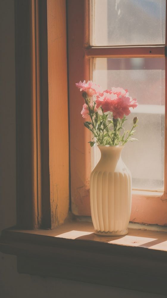 Flower in the vase by the window windowsill pink inflorescence. AI generated Image by rawpixel.