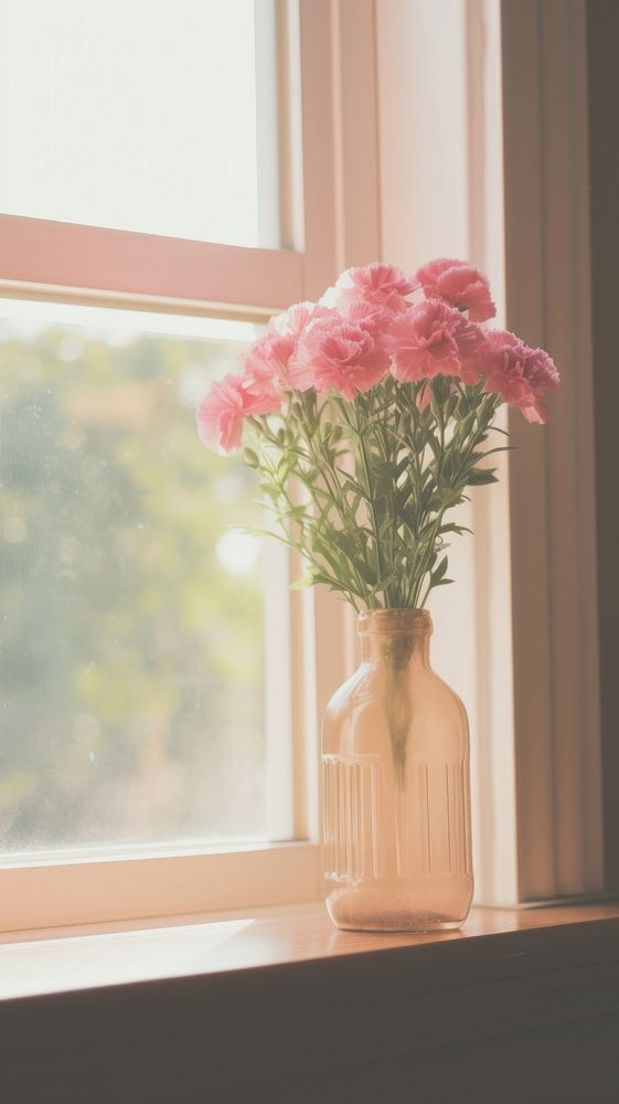 Flower in the vase by the window windowsill plant pink. AI generated Image by rawpixel.