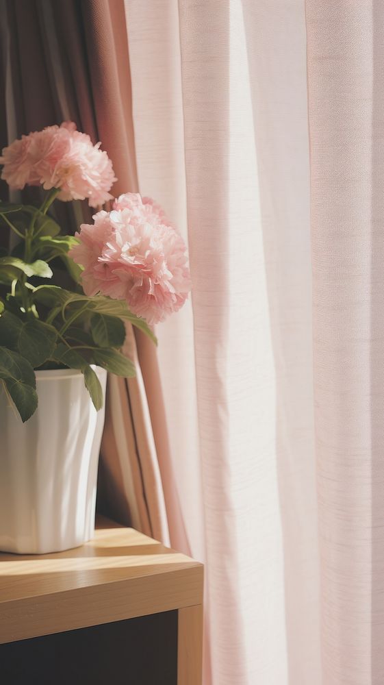 Flower in the vase by the window curtain plant pink. AI generated Image by rawpixel.