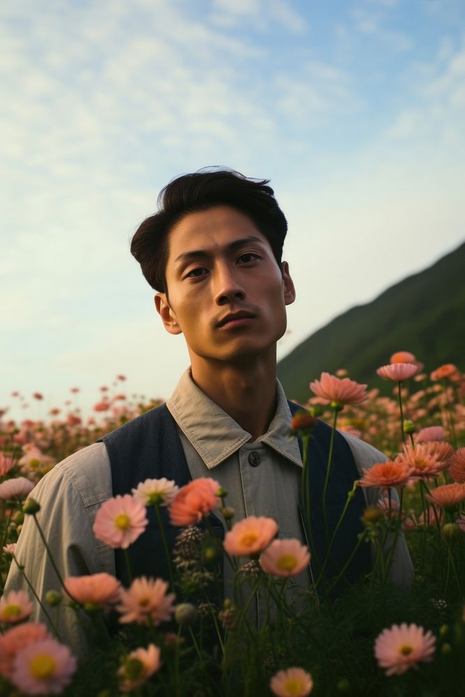 Taiwanese man flower field portrait. AI generated Image by rawpixel.