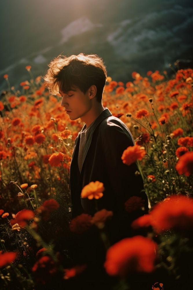 Taiwanese man flower portrait outdoors. AI generated Image by rawpixel.