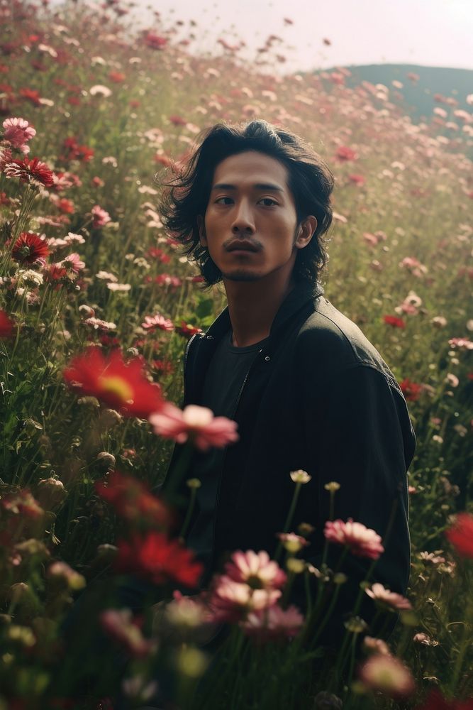 Taiwanese man flower field outdoors. AI generated Image by rawpixel.