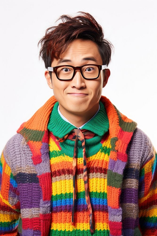 Hong Konger man turn to face wearing colorful sweater glasses portrait fashion. AI generated Image by rawpixel.