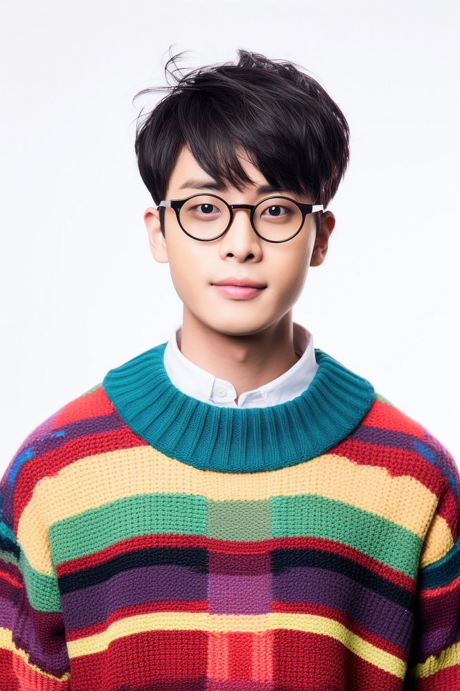 Young Chinese man turn to face wearing colorful sweater portrait glasses fashion. AI generated Image by rawpixel.