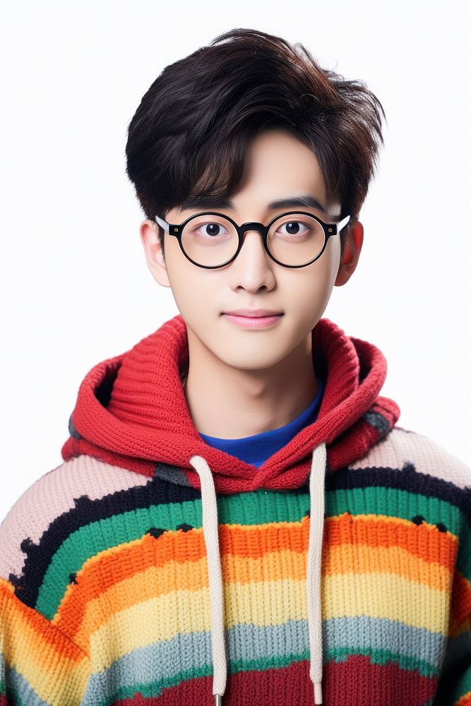 Young Chinese man turn to face wearing colorful sweater glasses portrait fashion. AI generated Image by rawpixel.