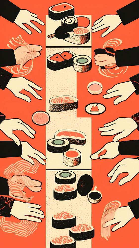 Many hands table sushi food beverage cartoon. AI generated Image by rawpixel.