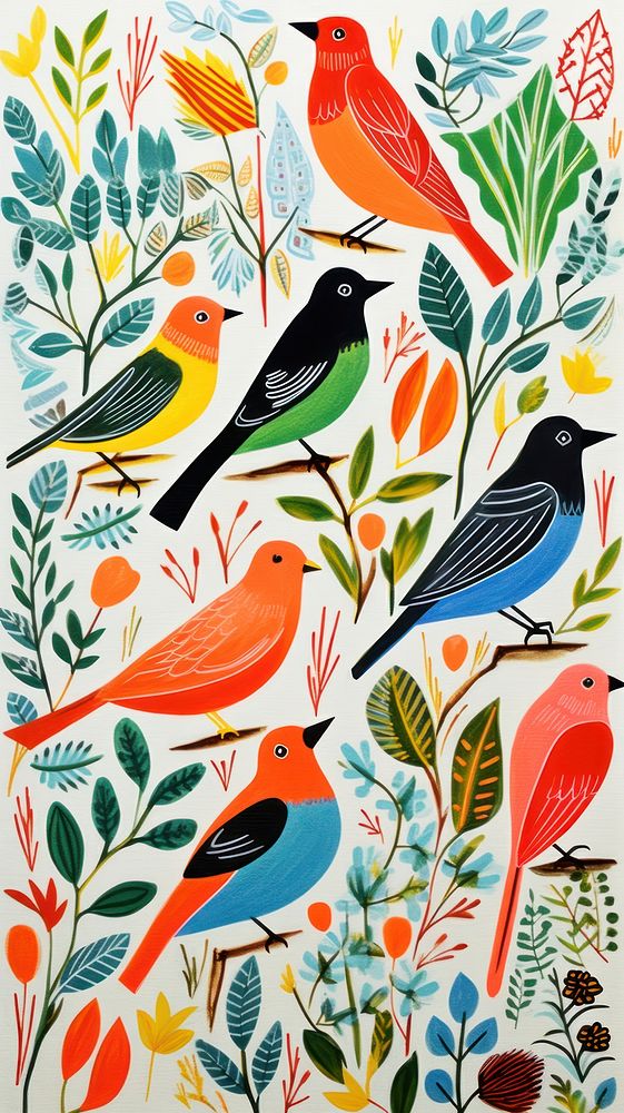 Many tropical birds flying painting pattern drawing. 