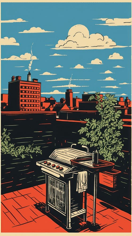 New york rooftop barbecue outdoors drawing art. AI generated Image by rawpixel.