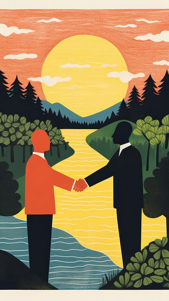 Business handshake painting nature poster. AI generated Image by rawpixel.