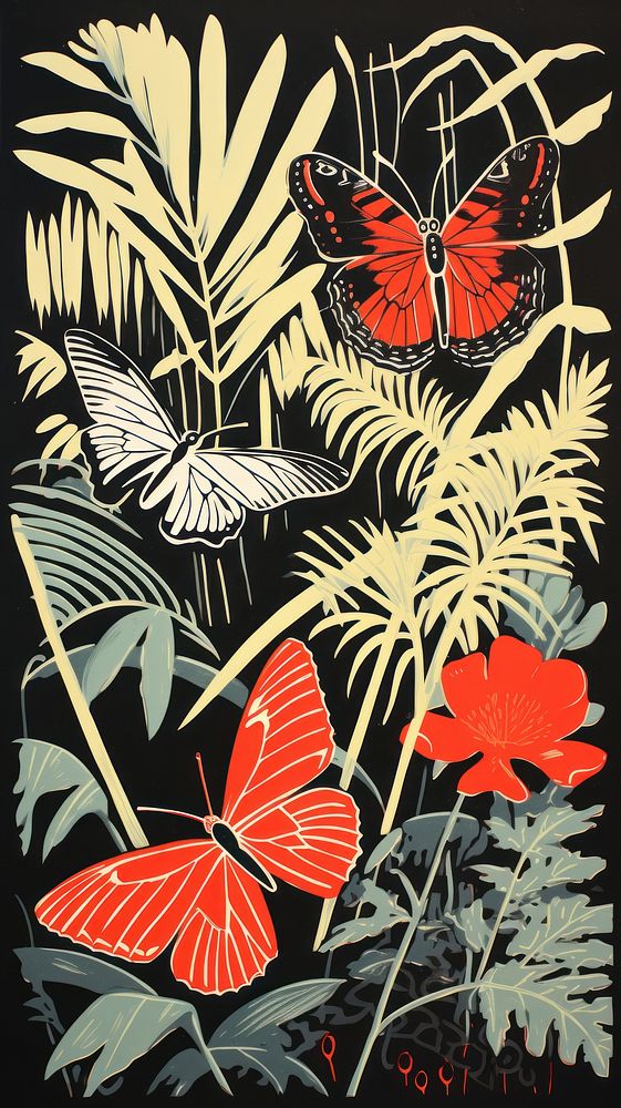 Butterflies in a tropical forrest butterfly pattern drawing. AI generated Image by rawpixel.