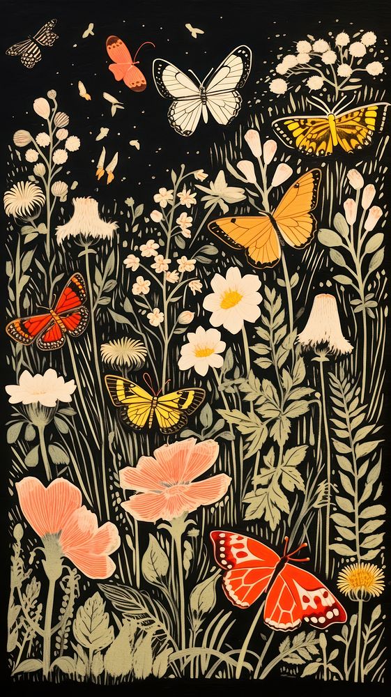 Butterflies in an english meadow pattern drawing nature. AI generated Image by rawpixel.
