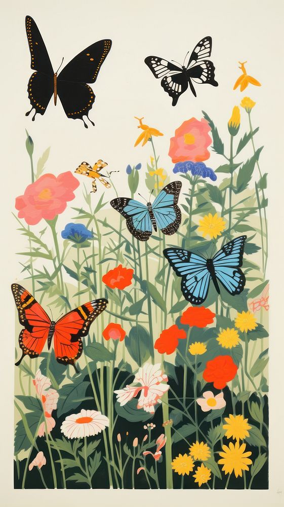 Butterflies in an english meadow butterfly drawing animal. AI generated Image by rawpixel.