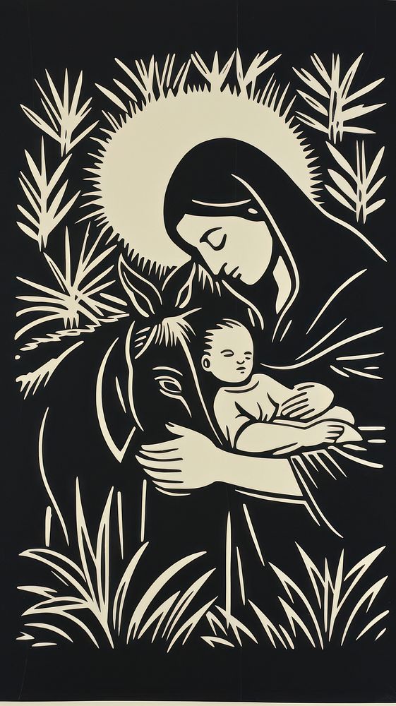 Baby jesus donkey stable drawing art representation. AI generated Image by rawpixel.