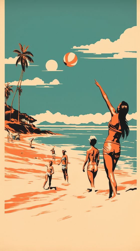 Beach tropical volley ball swimwear outdoors drawing. AI generated Image by rawpixel.
