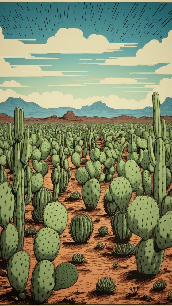 Cactus field drawing nature plant. AI generated Image by rawpixel.