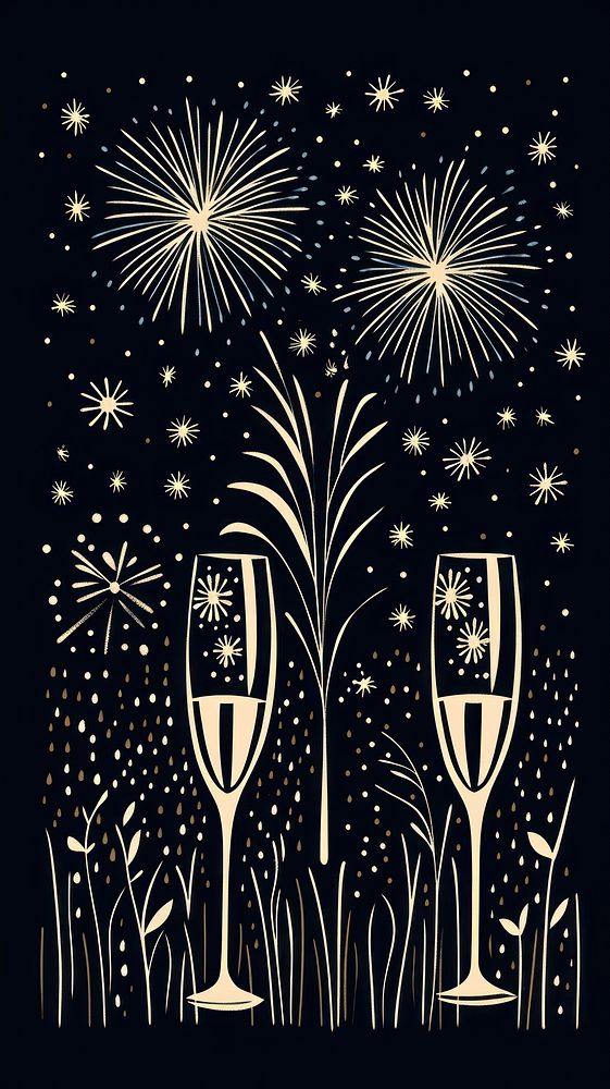 Champagne glasses fireworks pattern drawing refreshment celebration. AI generated Image by rawpixel.