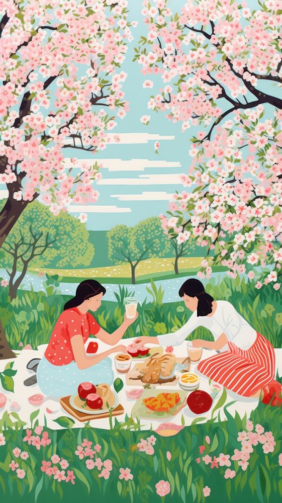 Cherry blossom picnic outdoors plant adult. AI generated Image by rawpixel.