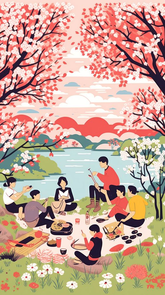 Cherry blossom picnic nature plant adult. AI generated Image by rawpixel.
