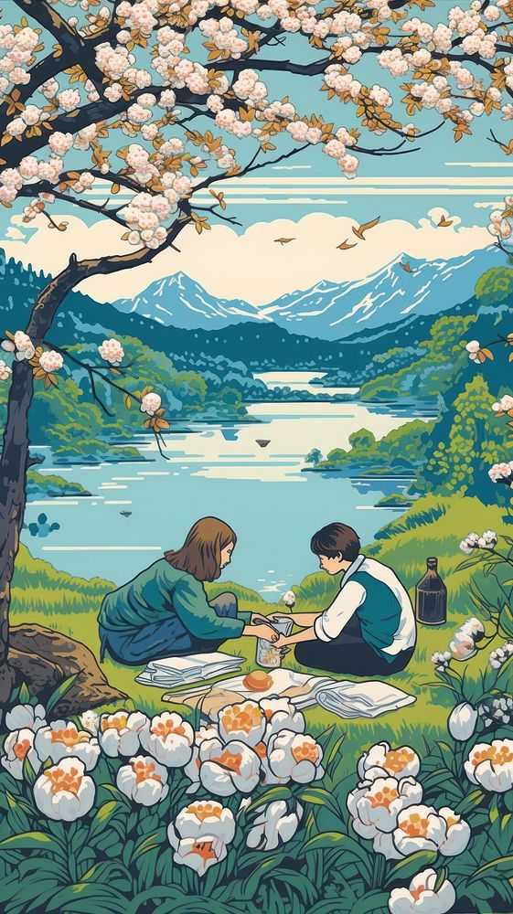 Cherry blossom picnic nature outdoors painting. AI generated Image by rawpixel.