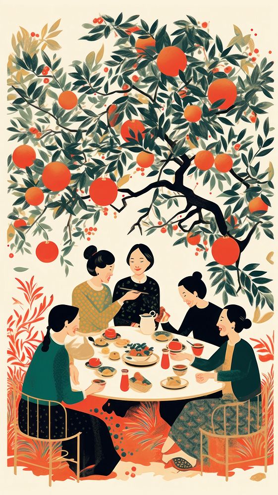 Chinese dinner party painting adult table. AI generated Image by rawpixel.