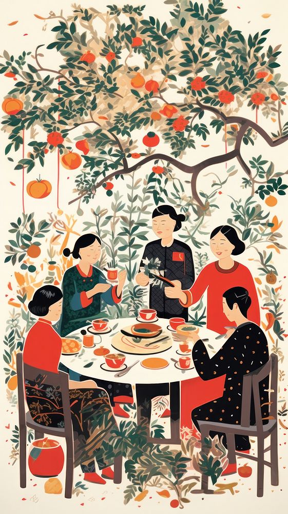 Chinese dinner party painting table plate. AI generated Image by rawpixel.