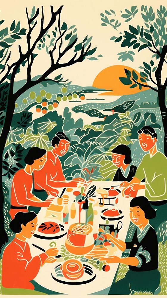 Chinese dinner party painting food togetherness. AI generated Image by rawpixel.