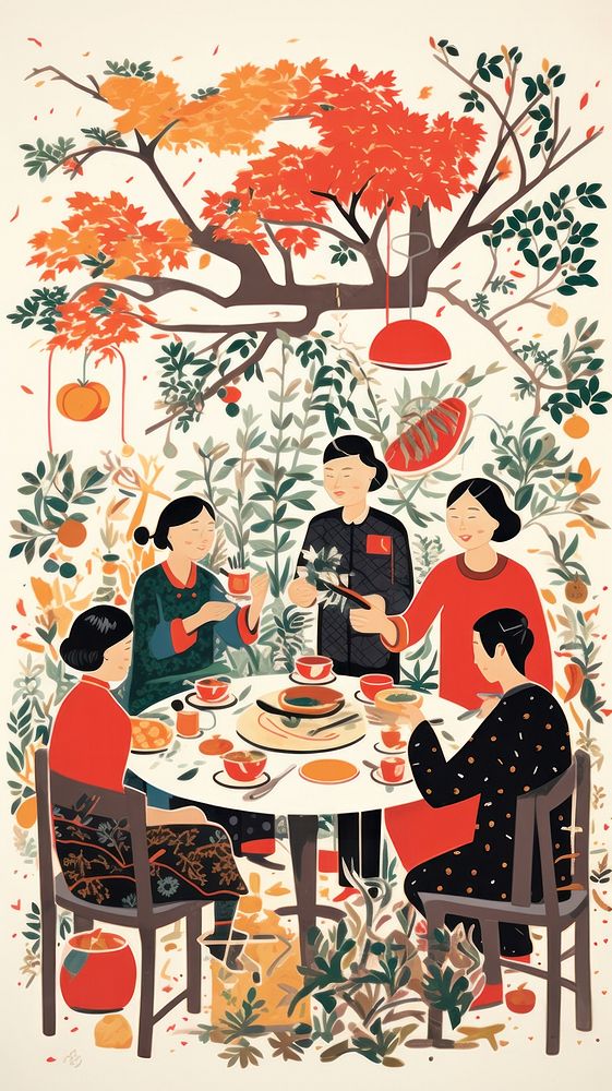 Chinese dinner party painting drawing table. AI generated Image by rawpixel.