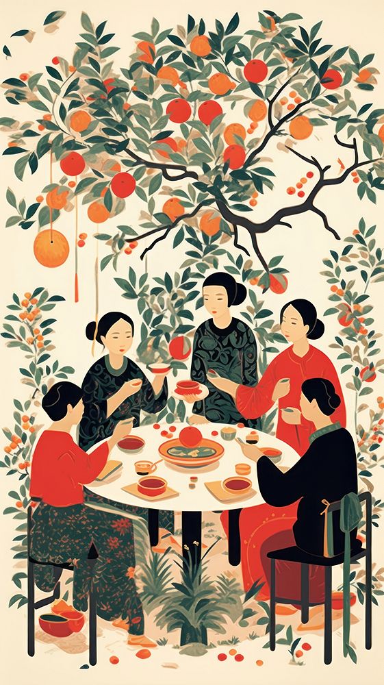 Chinese dinner party painting table togetherness. AI generated Image by rawpixel.