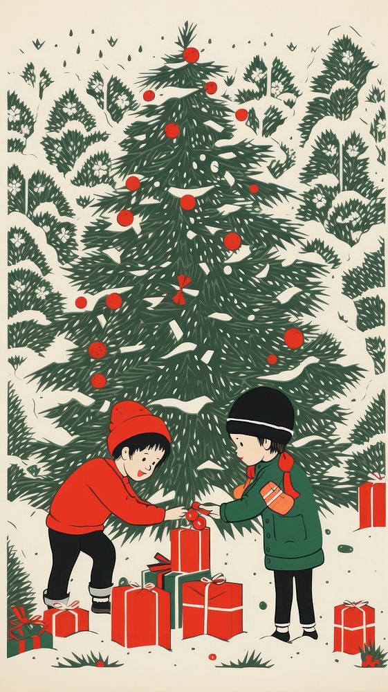 Children opening christmas presents drawing plant tree. AI generated Image by rawpixel.