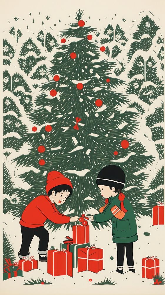 Children opening christmas presents drawing plant tree. 