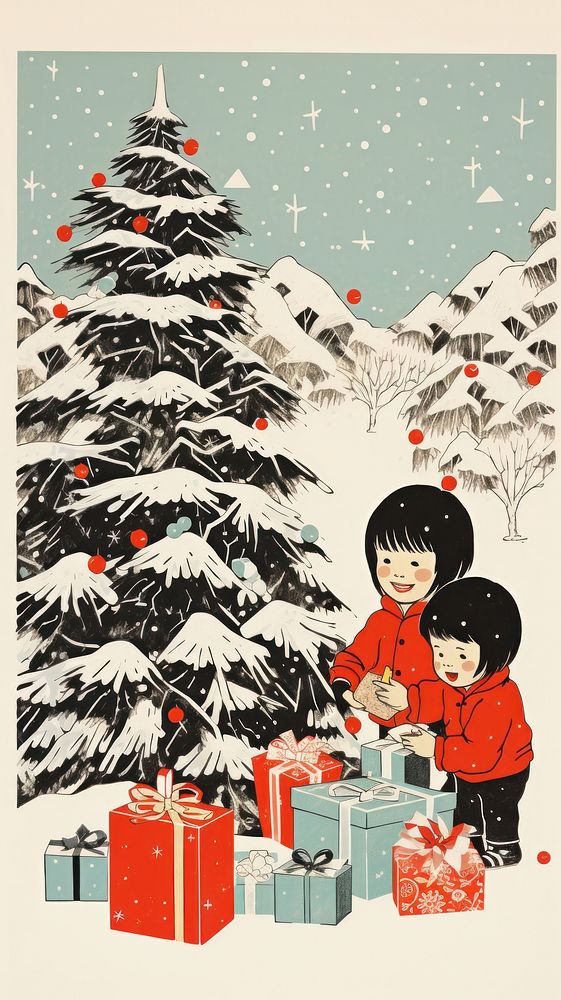 Children opening christmas presents drawing tree togetherness. AI generated Image by rawpixel.