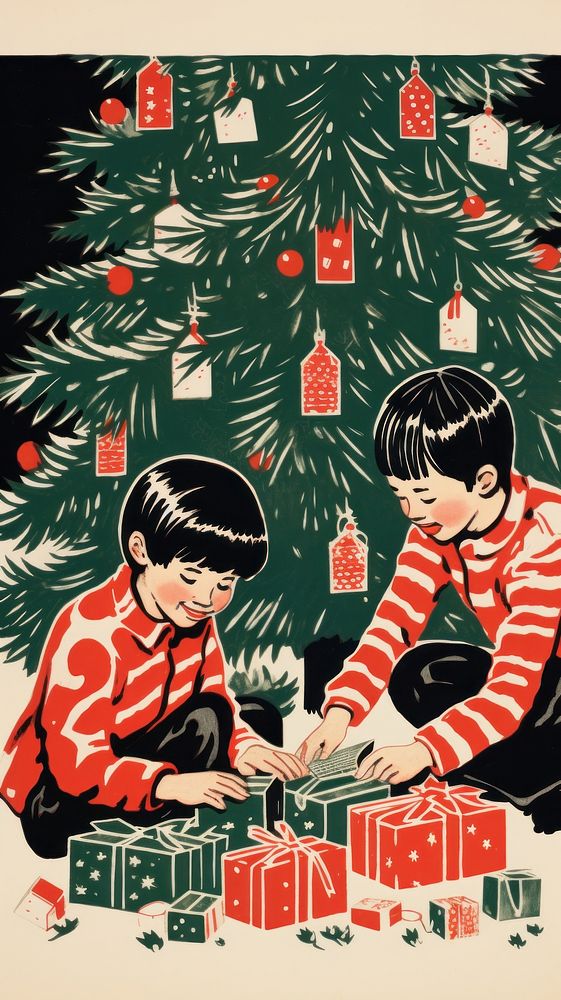 Children opening christmas presents drawing togetherness celebration. AI generated Image by rawpixel.