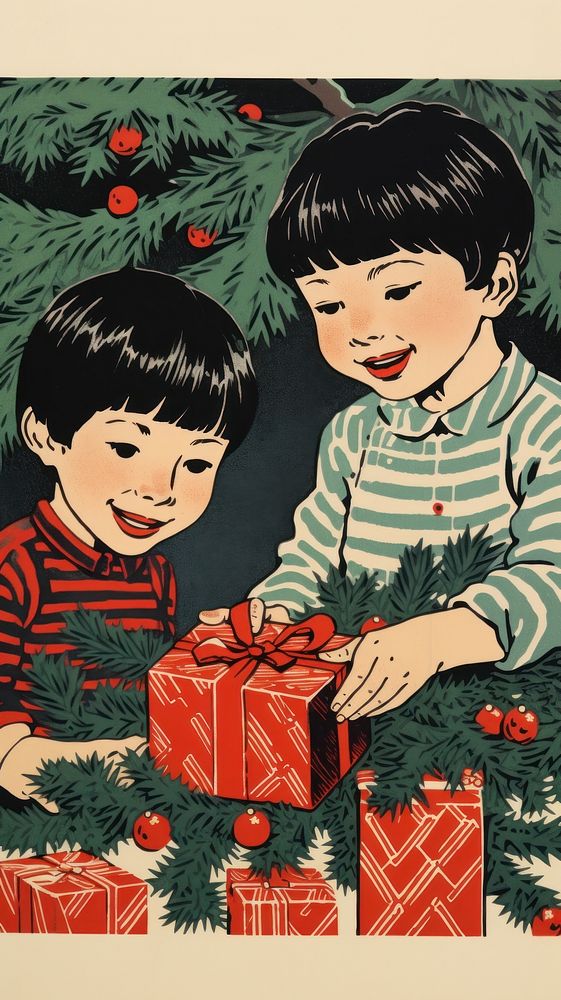 Children opening christmas presents drawing baby representation. AI generated Image by rawpixel.