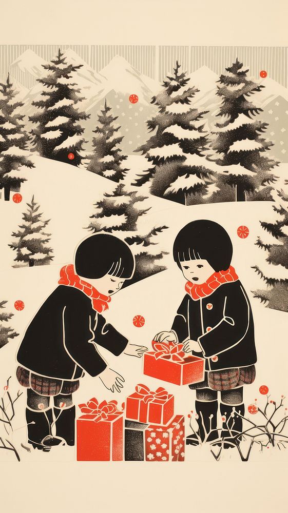 Children opening christmas presents drawing plant tree. AI generated Image by rawpixel.