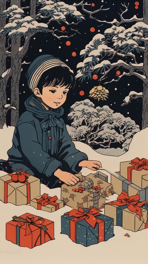 Children opening christmas presents drawing publication creativity. AI generated Image by rawpixel.