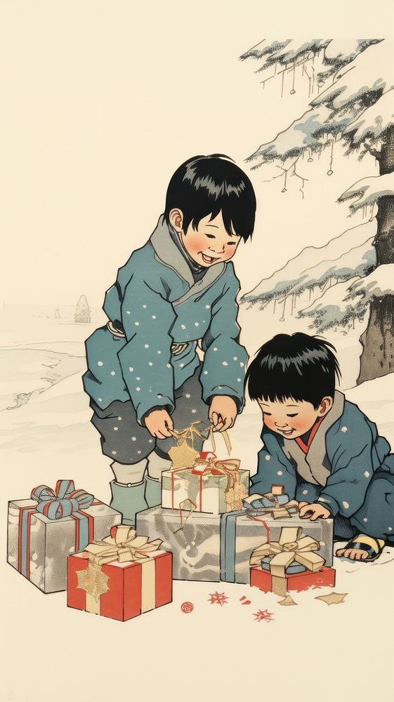 Children opening christmas presents drawing togetherness publication. AI generated Image by rawpixel.
