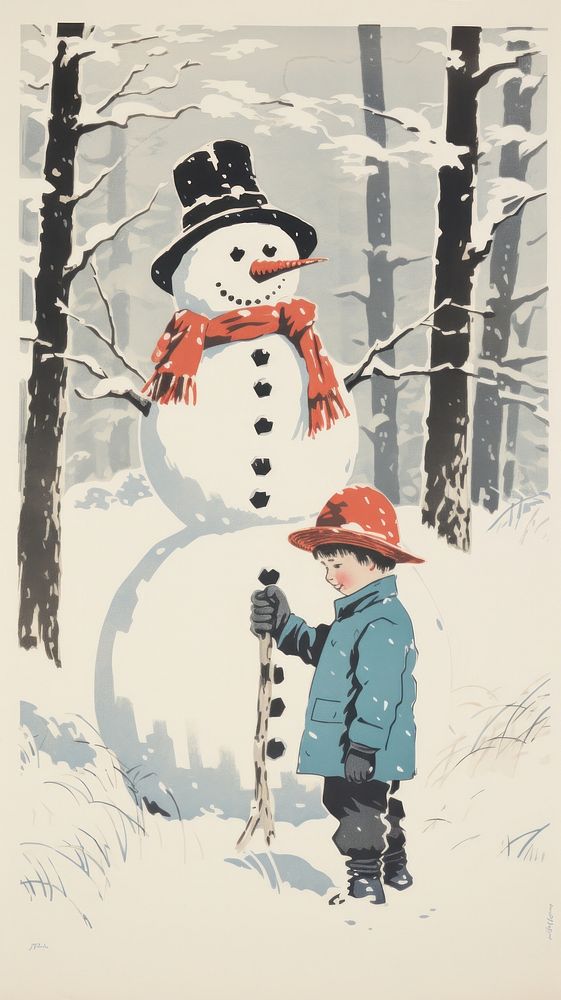 Children build snowman nature outdoors drawing. AI generated Image by rawpixel.