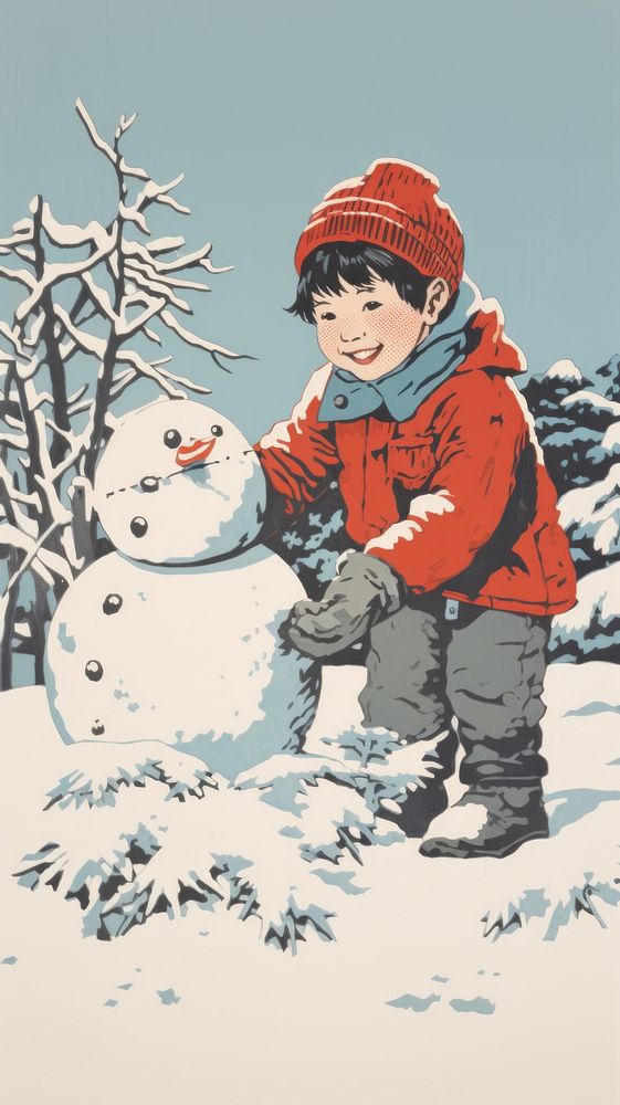 Children build snowman outdoors drawing winter. AI generated Image by rawpixel.
