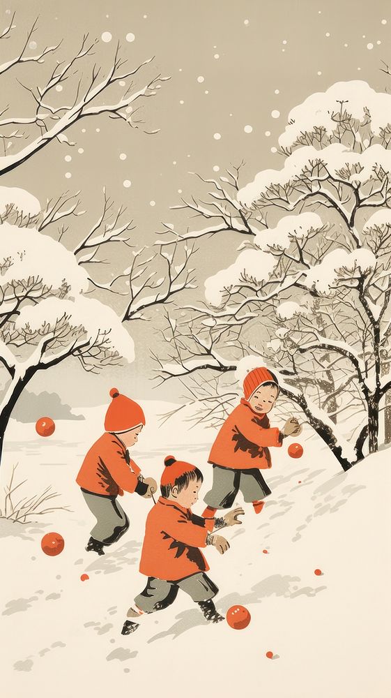 Children snow ball fight outdoors drawing nature. AI generated Image by rawpixel.